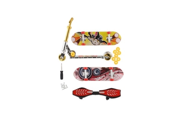 Ensemble de skateboard à visser, trottinette à doigts, waveboard en plastique avec accessoires, mélange de types sur carte 16x30cm
