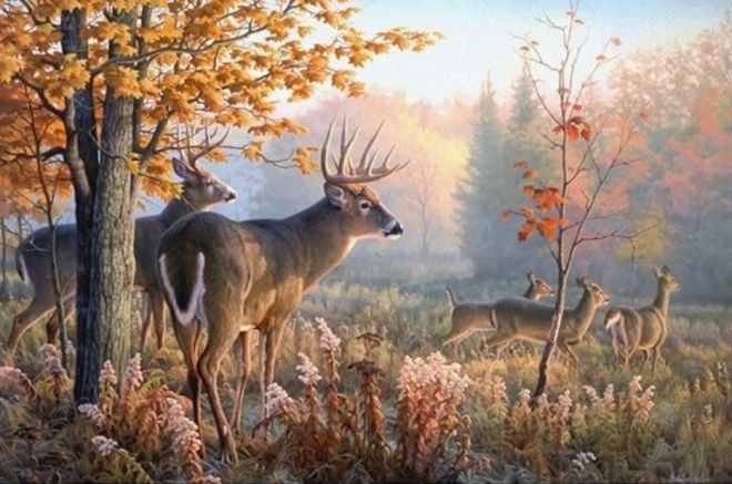 Peinture diamant - Cerfs dans la brume matinale