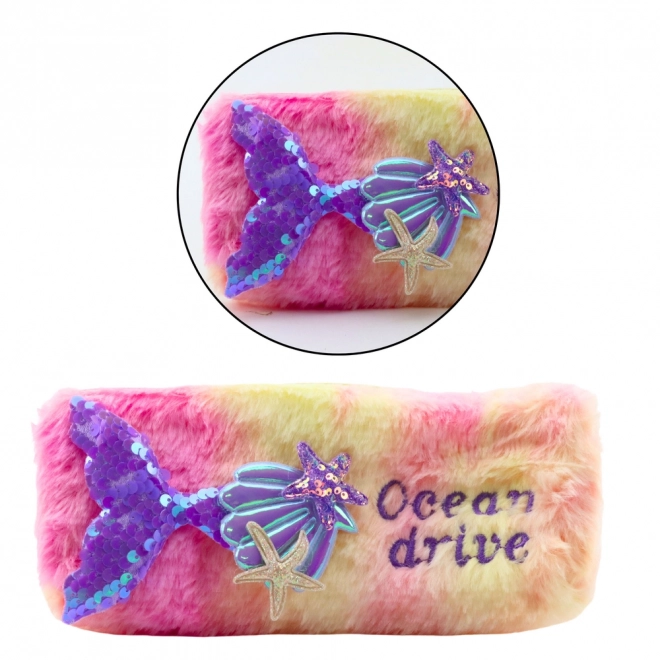 Trousse en peluche avec queue de sirène, rose-violet avec paillettes