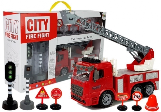 Camion de pompiers avec panneaux et feux de signalisation - propulsion par friction, effets sonores et lumineux