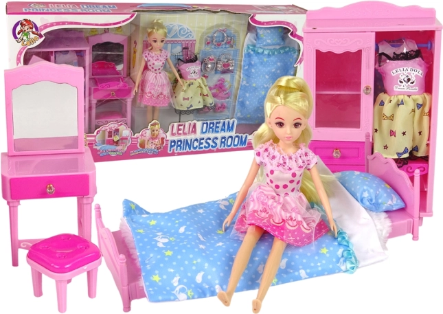 poupée avec chambre – lit, armoire et coiffeuse