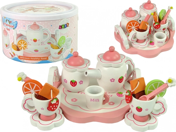Service à thé en bois rose avec fleurs et fraises
