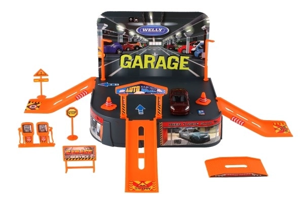 Garage Welly + voiture Welly Porsche métal/plastique dans boîte 21x25x5,5cm