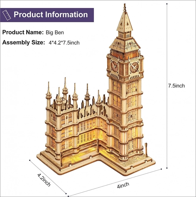Puzzle 3D en bois RoboTime Tour de l'horloge Big Ben éclairée
