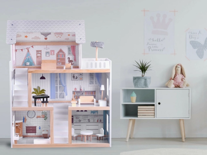 Maison de poupée en bois avec lumières LED style boho 78cm