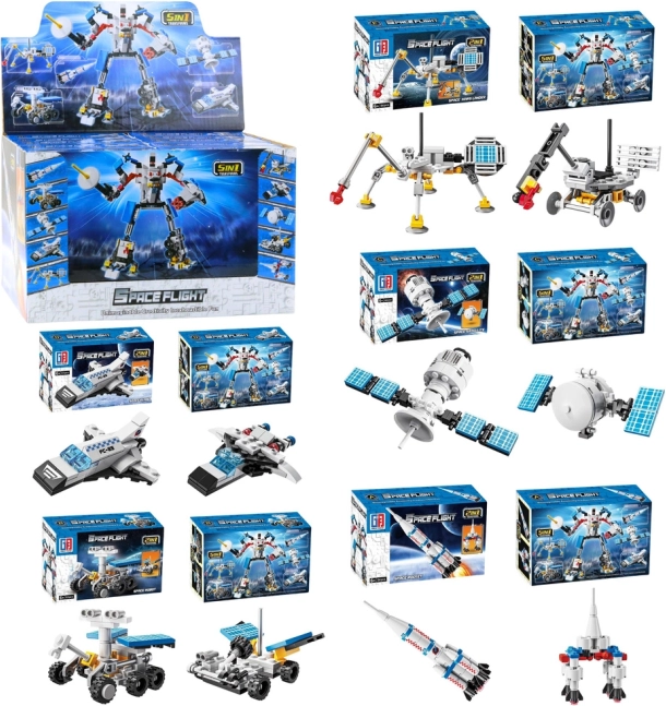 Kit de construction Espace 2‑en‑1 – fusées, antennes et robots (44–54 pièces)