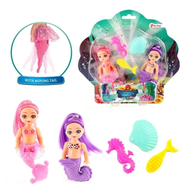 Poupée sirène 2pcs 10cm plastique avec accessoires sur carte
