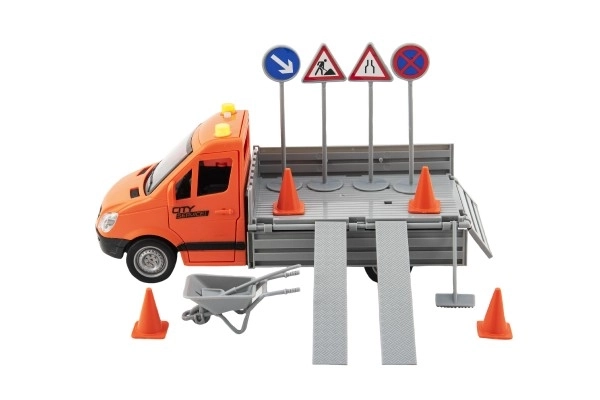 Véhicule d'entretien routier plastique 25cm à friction à piles avec son et lumière en boîte 32x19x12cm