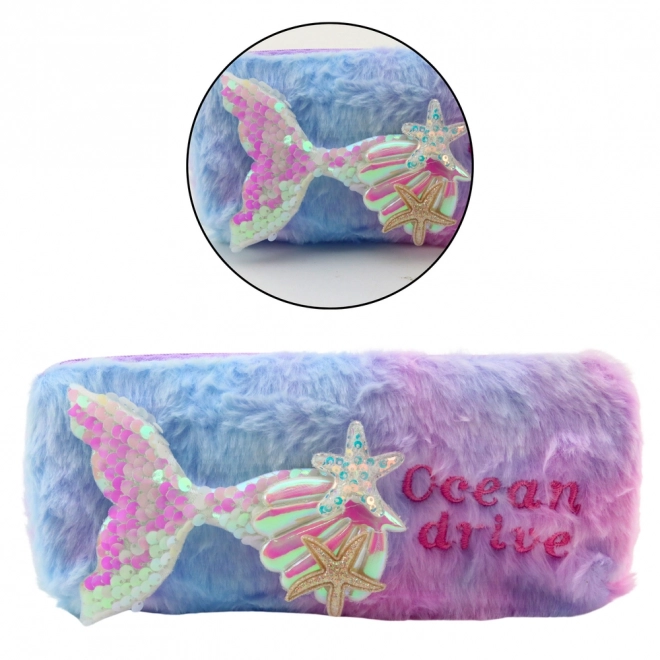 Trousse en peluche avec motif de sirène et paillettes violet-bleu