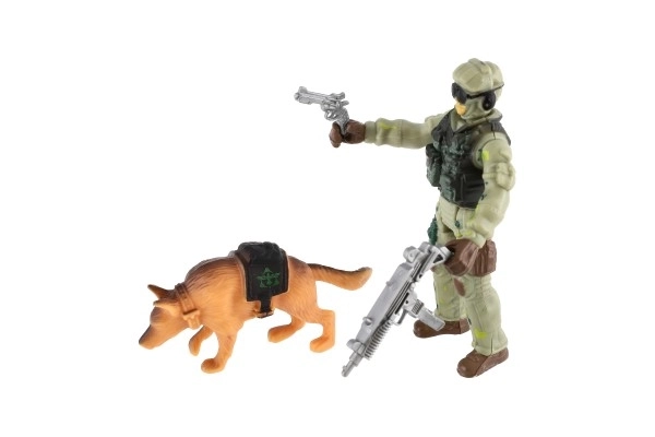 Ensemble militaire plastique bateau, soldat, chien avec accessoires dans boîte 23x14x4cm