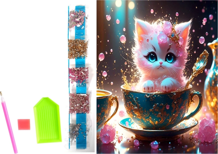 Peinture diamant sur toile – chaton dans une tasse de thé 23 × 30 cm