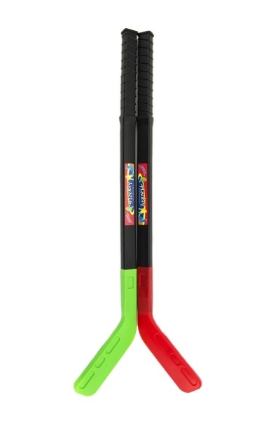 2 bâtons de hockey avec palet en plastique 70cm dans un filet