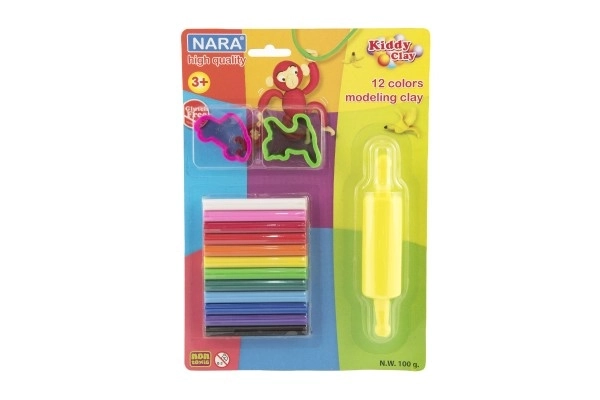 Pâte à modeler NARA 100g 12 pcs avec 2 découpes avec rouleau sur carte 18,5x26cm