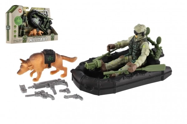 Ensemble militaire plastique bateau, soldat, chien avec accessoires dans boîte 23x14x4cm