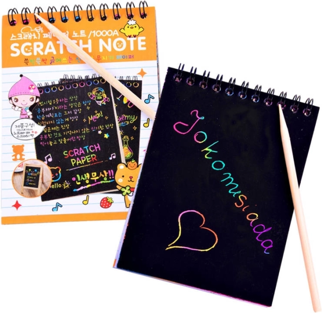 Carte à gratter arc-en-ciel avec baguette de dessin – Bloc-notes