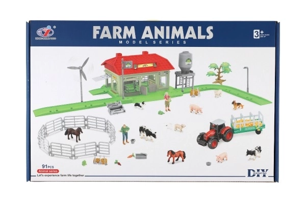 Ensemble de ferme à la maison avec des animaux et un tracteur