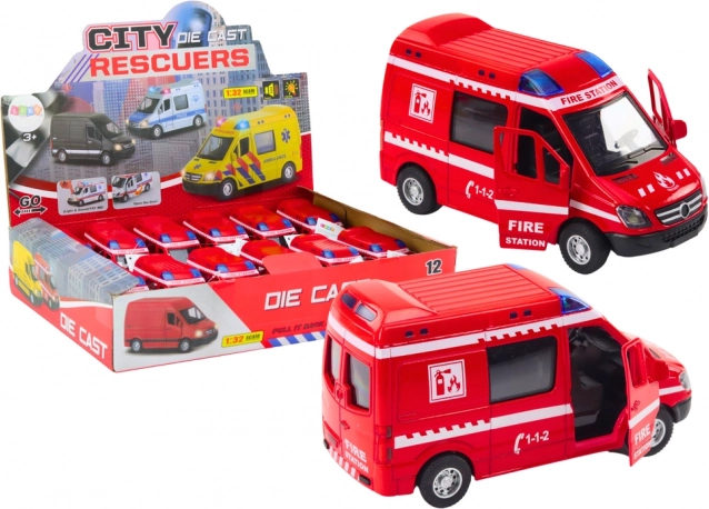 Camion de pompiers en métal 1:32 avec portes ouvrantes, lumières et sons, rouge
