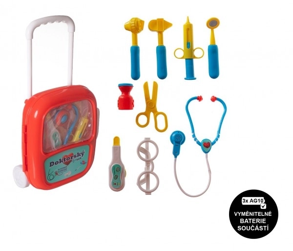 Ensemble de docteur avec stéthoscope dans une valise à roulettes