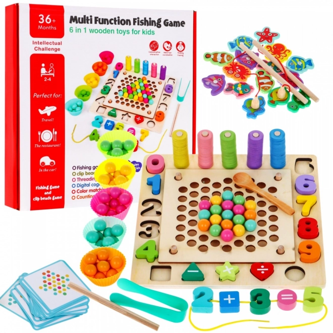Ensemble de jeux éducatifs en bois 6 en 1 pour enfants 3+ Trier pêche apprendre les chiffres