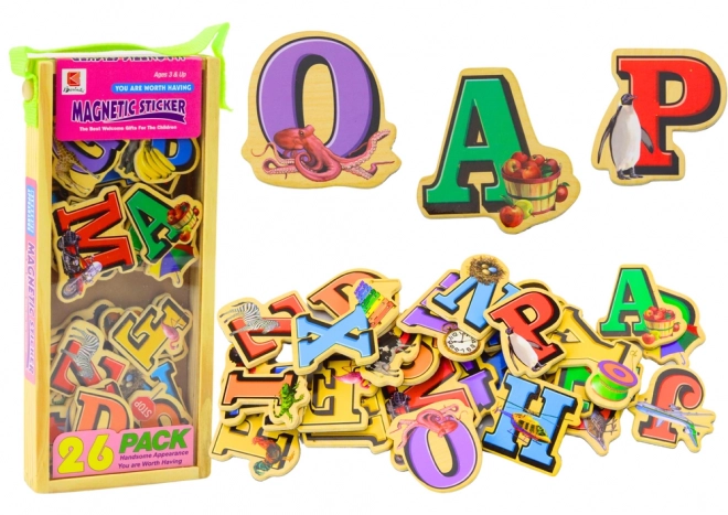 Aimants en bois avec des lettres et des images, 26 pièces