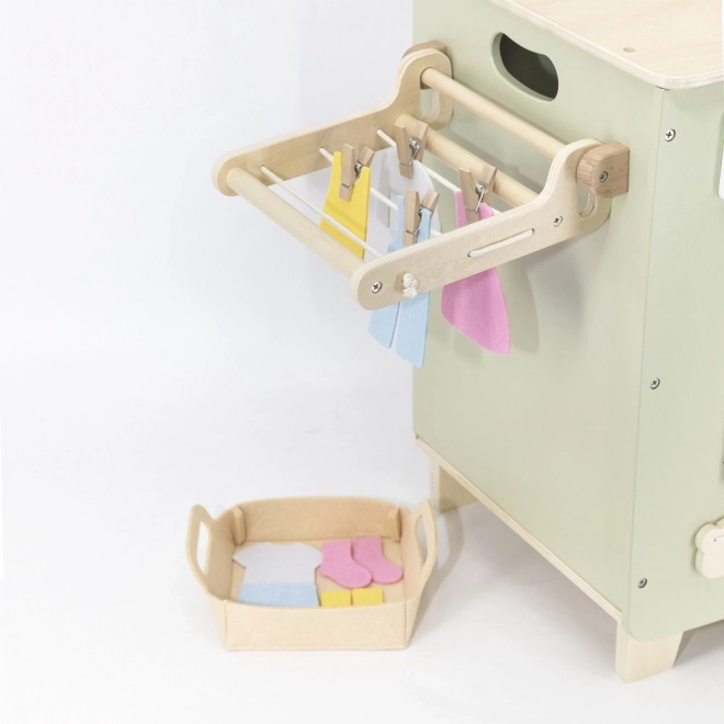 Lave-linge en bois avec planche, sèche-linge et accessoires