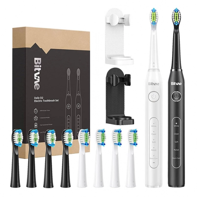 Brosses à dents soniques avec ensemble de têtes et porte-brosses à dents Bitvae D2 (blanc et noir)