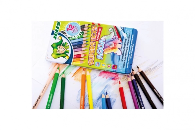 Crayons de couleur Supersticks Aqua 12 couleurs dans une boîte en métal