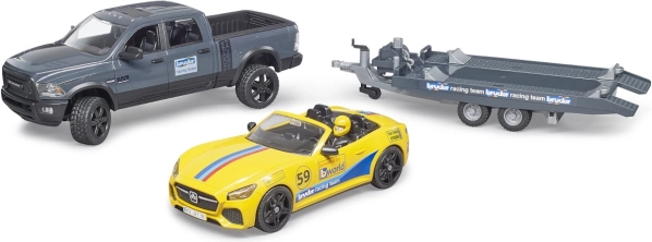 Bruder pick-up tout-terrain RAM avec remorque, voiture de sport et figurine