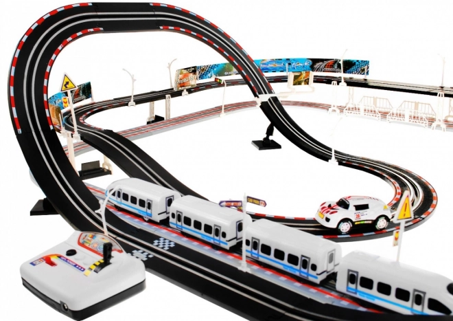 Chemin de fer électrique Circuit de course 2 en 1 pour enfants de 6+ avec télécommande + locomotives + wagons + petites voitures