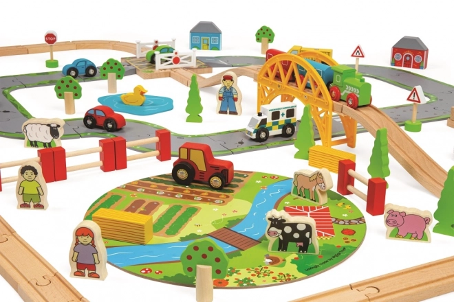 Bigjigs Rail Circuit en bois avec route de campagne 80 pièces