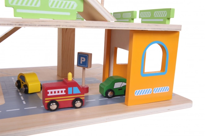 Piste de garage en bois avec ascenseur + petites voitures Ecotoys