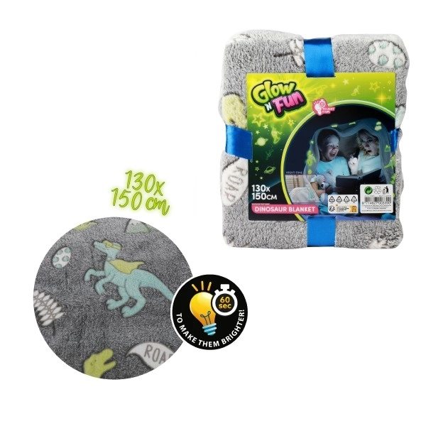Couverture Dinosaurus lumineuse dans le noir en peluche 130x150cm grise