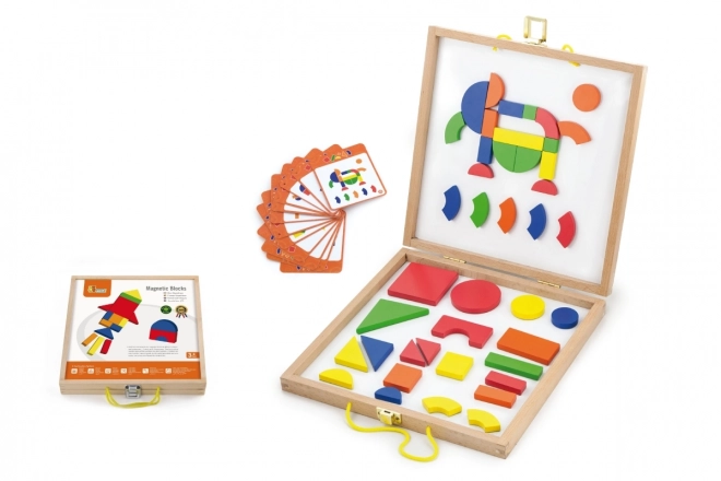 Jeu de construction magnétique en bois dans une mallette