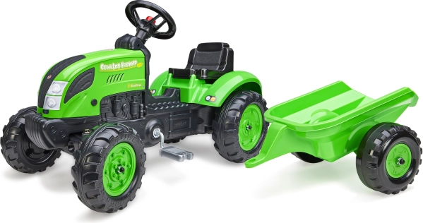 Tracteur à pédales Country Farmer avec remorque vert pour enfants de 2 à 5 ans