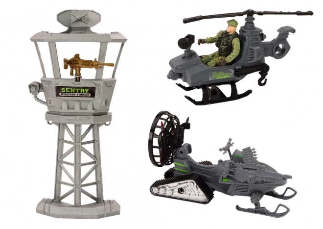 Ensemble militaire avec véhicule de combat et hélicoptère