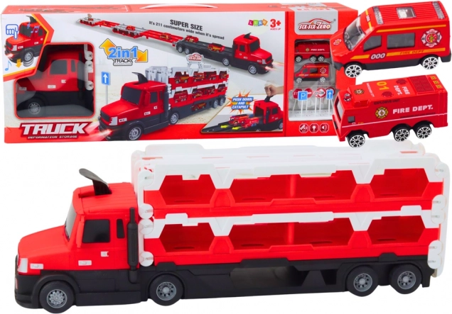 Transporteur automobile 2-en-1 avec piste de course extensible, lumières et sons – rouge