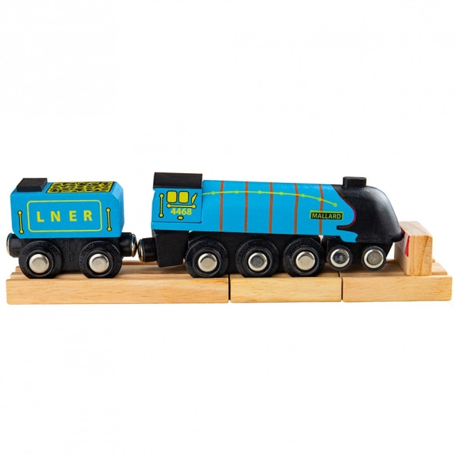 Réplique en bois de la locomotive Mallard avec rails