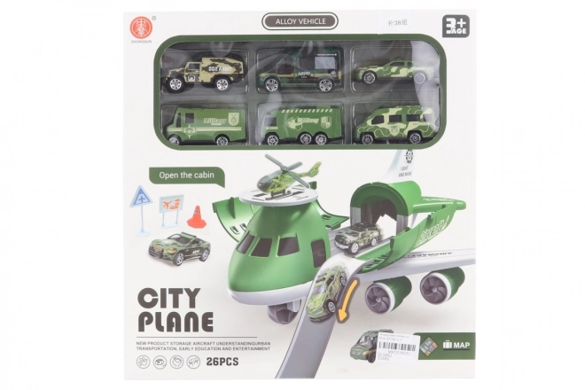 Avion avec garage pliable et petites voitures militaires