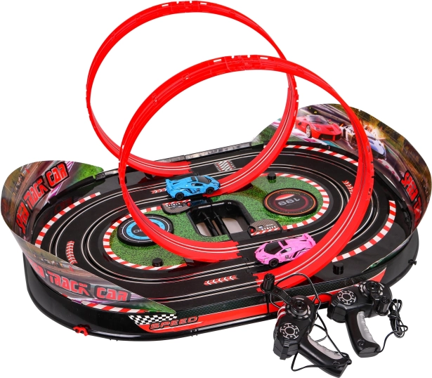 Circuit de course pliable Speed Track avec 2 loopings pour enfants 6+, commande manuelle et effets lumineux et sonores