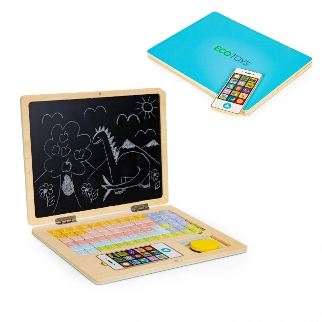 ECOTOYS ordinateur portable en bois avec écran magnétique - bleu
