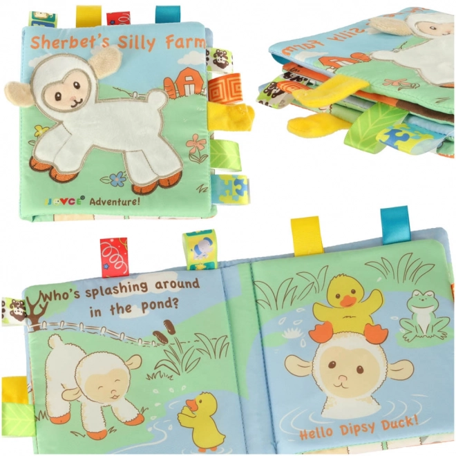 Livre sensoriel pour bébé avec un mouton et des étiquettes