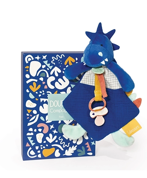 Doudou Jouet avec attache tétine dinosaure bleu 23 cm