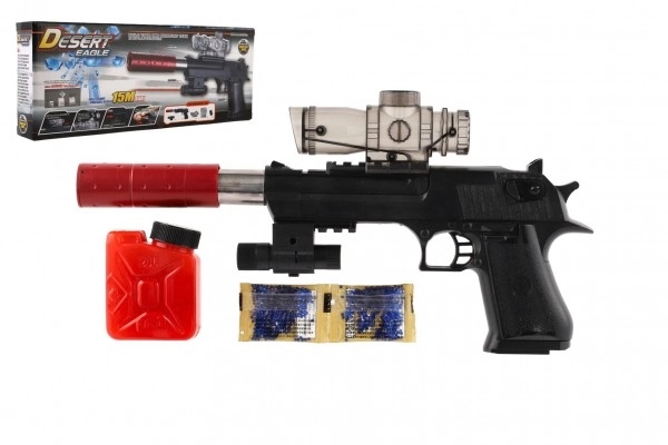 Pistolet plastique/métal 33cm pour billes d'eau + balles 9-11mm à piles avec lumière dans une boîte 34x13x4cm