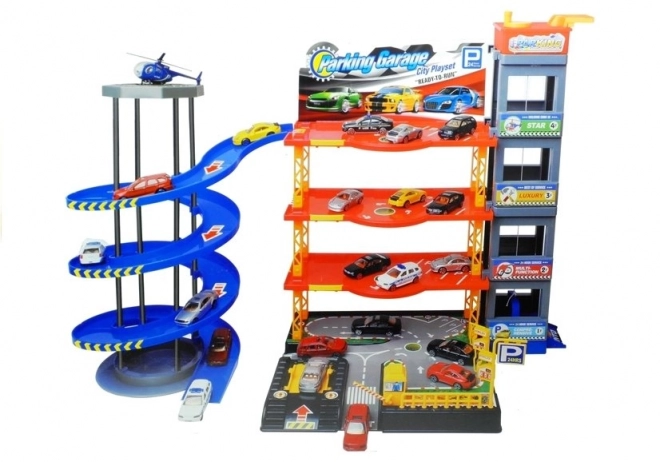 Garage multi-niveaux avec petites voitures et hélicoptère