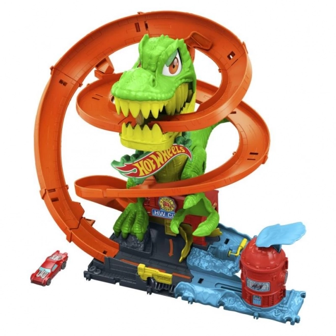 T-rex attaque la caserne des pompiers de Hot Wheels city