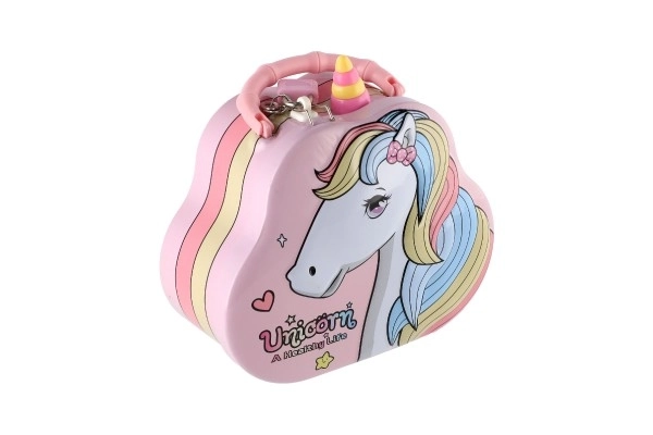 Tirelire sac à main licorne en métal avec serrure 15x14cm 3 couleurs dans une boîte en plastique