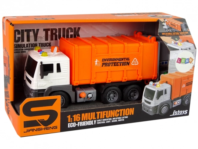 Camion de poubelle avec entraînement à friction Effets sonores Orange 1:16 recyclage