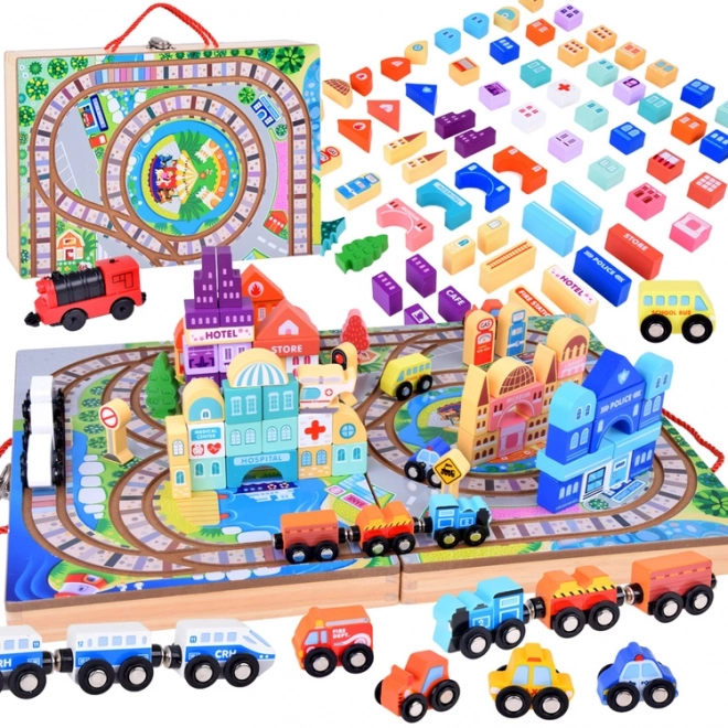 Circuit de train en bois avec coffret