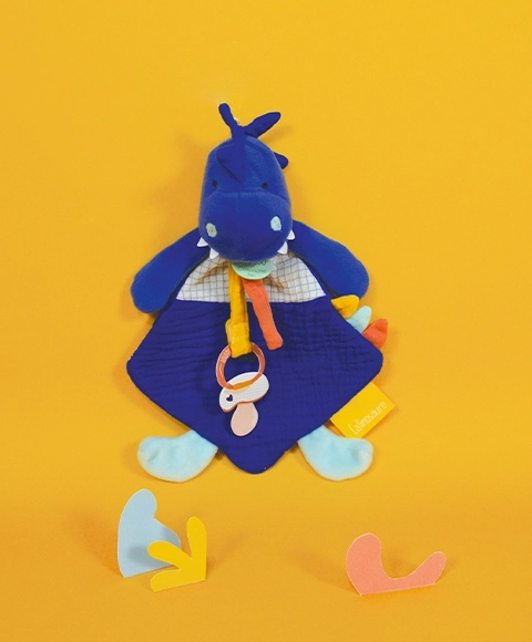 Doudou Jouet avec attache tétine dinosaure bleu 23 cm