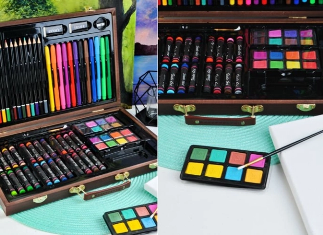 Grande boîte d'art en bois pour petits peintres - 81 pièces